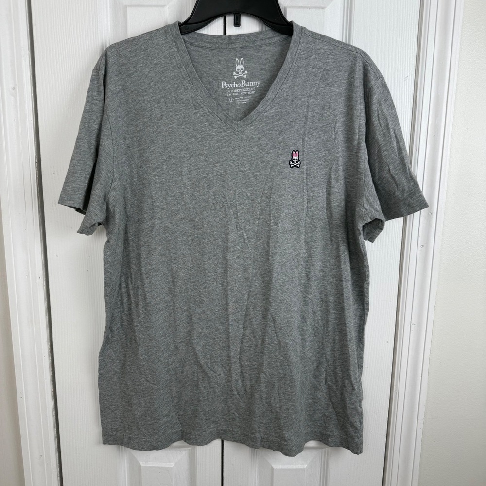 Psycho Bunny Mens V Neck T Shirt Gray Cotton Logo Casual Top Size 5 Medium